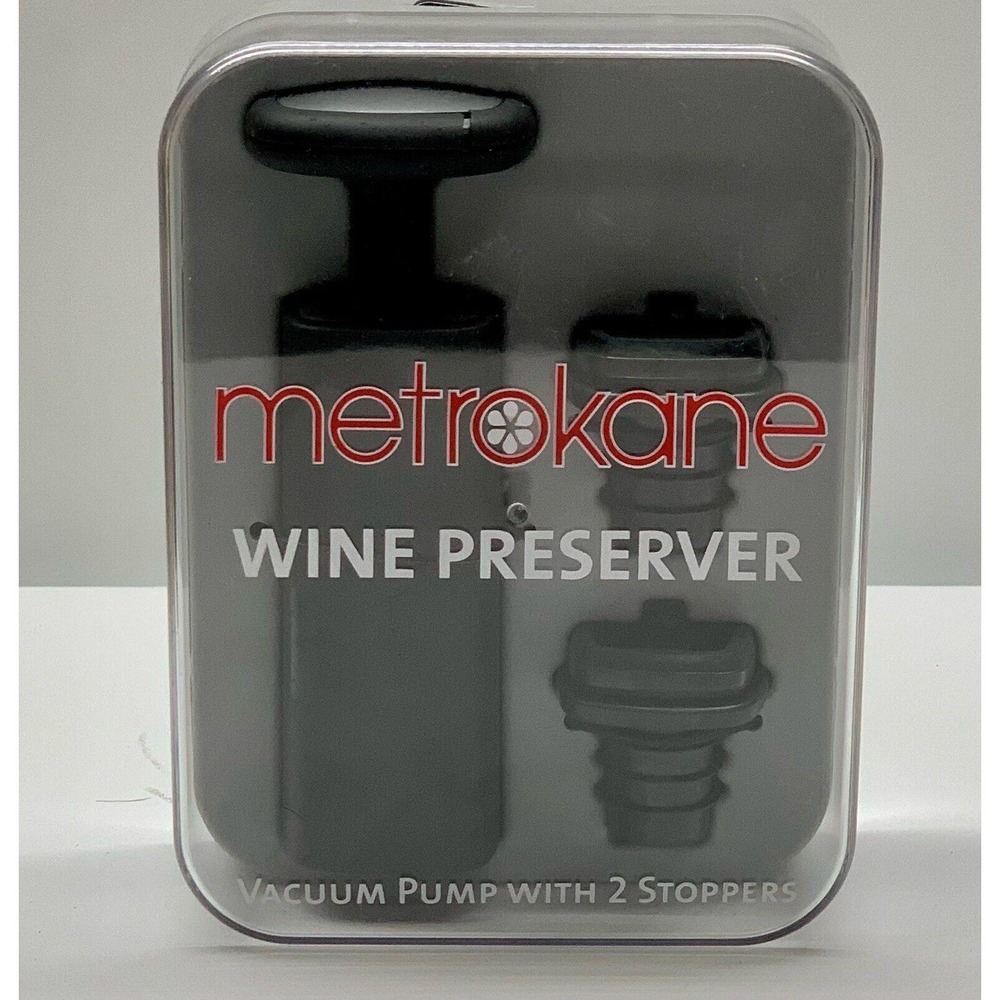 Metrokane Wine Preserver Vacuum Pump Two Bottle Stoppers - Black
